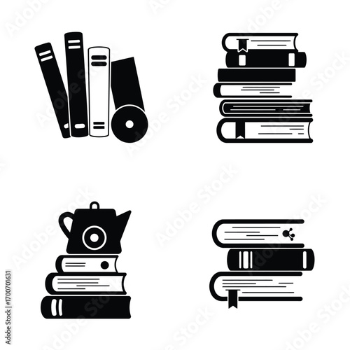 Collection of four silhouette illustrations featuring stacks of books and a coffee pot on a white background