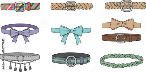 Colorful collection of fashion belts and bow belts in various designs, leather, braided, decorative, accessories, vector illustration CAD drawing.