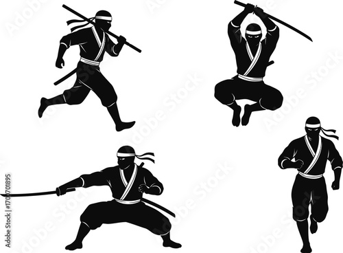 Dynamic ninja warrior poses with sword, ready for action and combat.