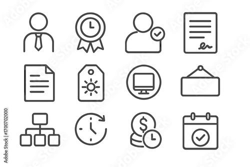 Employment Type Icons. Line style icons of employment types: full-time icon, part-time badge, freelance icon, contract document;