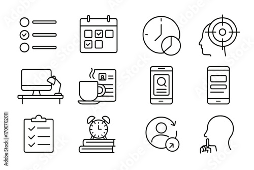 Job Search Icons. Line style icons of productivity during job search: task list, calendar with tasks, time tracker icon, focus