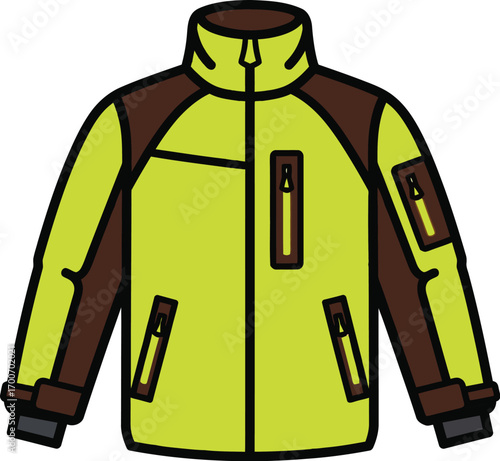 Bright yellow and brown outdoor jacket with multiple pockets for adventure gear