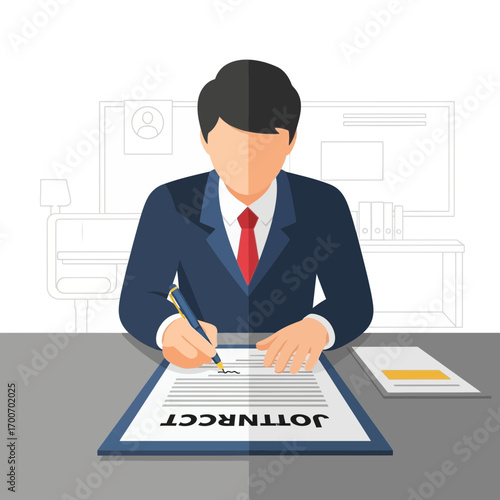 Man in suit signing a contract at a desk.