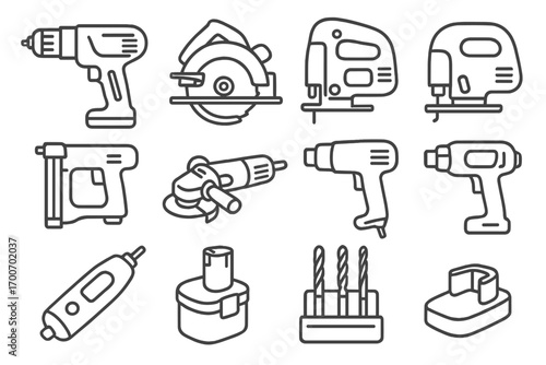 Power Tools Icons. Line style icons of power tools: electric drill, circular saw, jigsaw, power sander; nail gun, angle grinder,