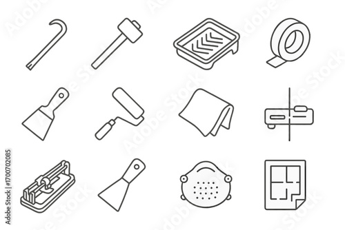 Renovation Tools Icons. Line style icons of renovation tools: demolition bar, sledgehammer, painter’s tray, masking tape; spackle