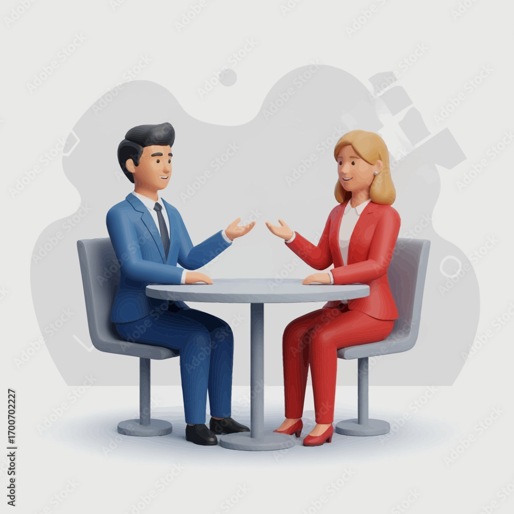 Obraz premium Two cartoon people sit at a table discussing something.