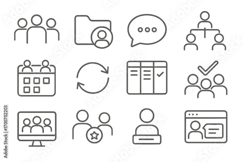 Team Collaboration Icons. Line style icons of project team collaboration: group of users, shared folder, messaging bubble, team