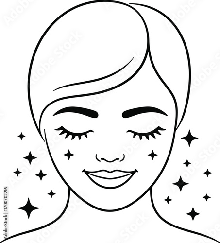 Beautiful woman face line art illustration, skincare beauty concept, feminine portrait with closed eyes, clean skin, wellness, spa, cosmetic design.