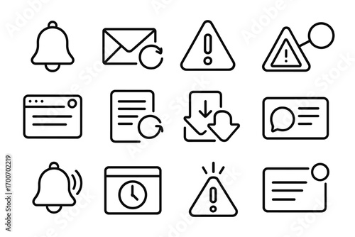 Notification Line Icons. Line style icons of notifications and updates: bell icon, email update, system alert, status ping;