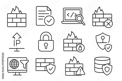 Firewall Line Icons. Line style icons of firewalls and filtering: firewall bricks, rule icon, packet inspection, blocked port; IP