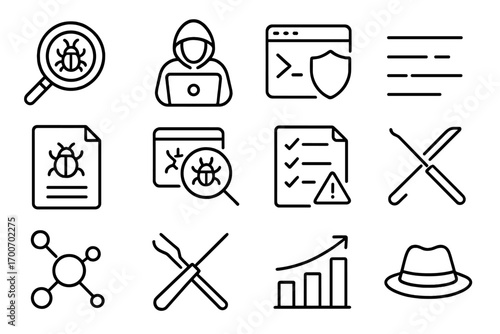 Penetration Testing Icons. Line style icons of penetration testing and audit: bug search icon, ethical hacker, terminal with