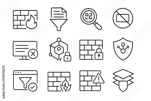 Firewall Line Icons. Line style icons of firewalls and filtering: firewall bricks, rule icon, packet inspection, blocked port; IP