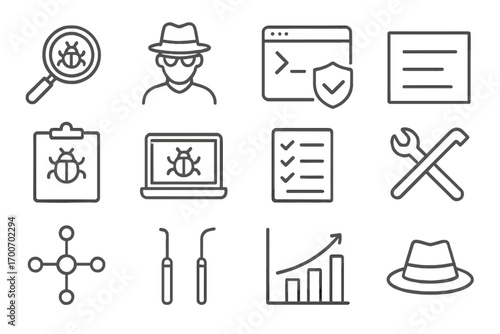 Penetration Testing Icons. Line style icons of penetration testing and audit: bug search icon, ethical hacker, terminal with