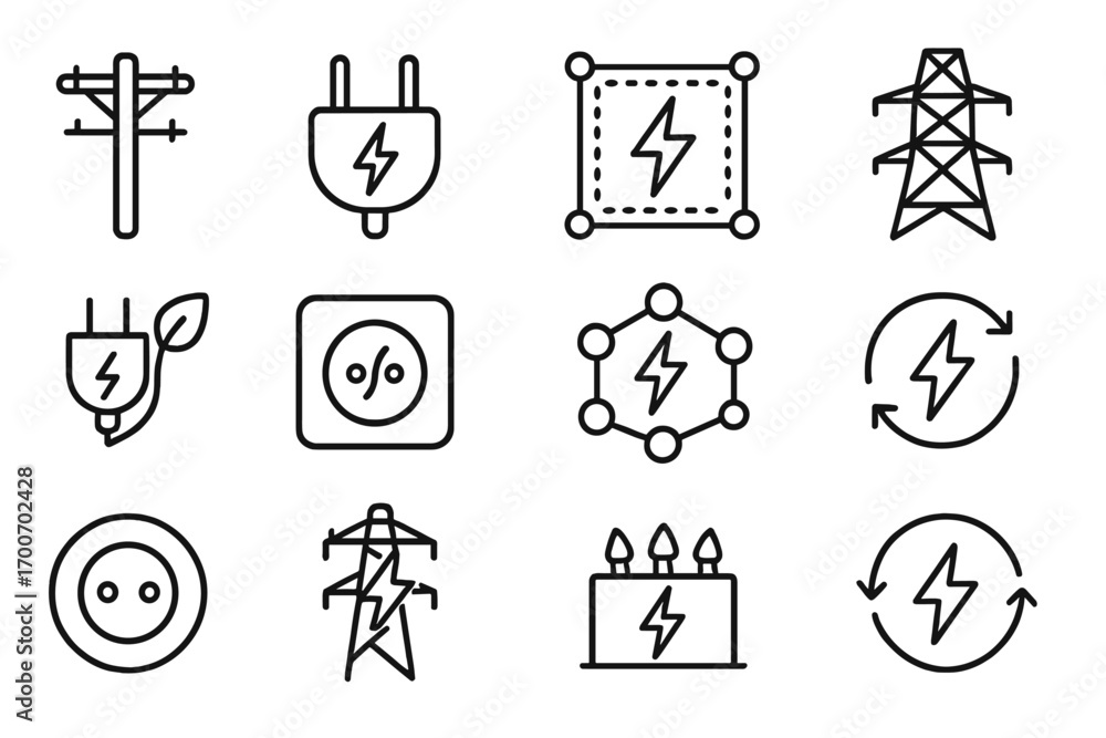 Electric Power Icons. Line style icons of electric power and grids: power pole, plug with lightning, smart grid icon, transmission