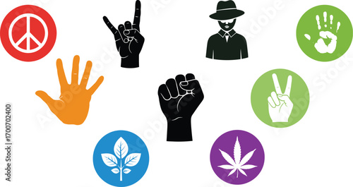 Diverse symbols of peace, protest, and nature arranged on a white background