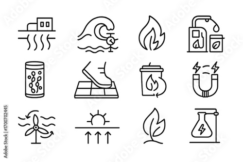 Alternative Energy Icons. Line style icons of alternative energy sources: geothermal icon, tidal wave energy, biomass flame,