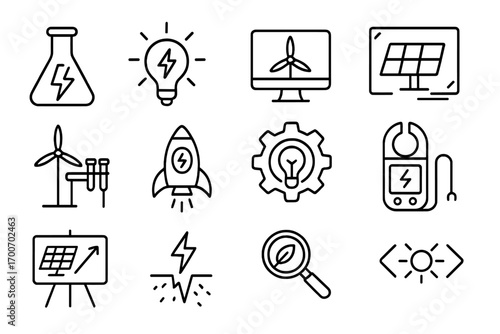 Energy Innovation Icons. Line style icons of innovation in energy: lab flask with bolt, idea bulb icon, energy prototype, sketch