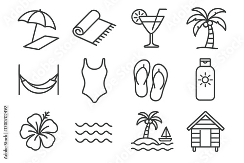 Beach Resort Icons. Line style icons of beach and resort icons: sun umbrella, beach towel, cocktail glass, palm tree; hammock icon