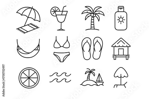 Beach Resort Icons. Line style icons of beach and resort icons: sun umbrella, beach towel, cocktail glass, palm tree; hammock icon