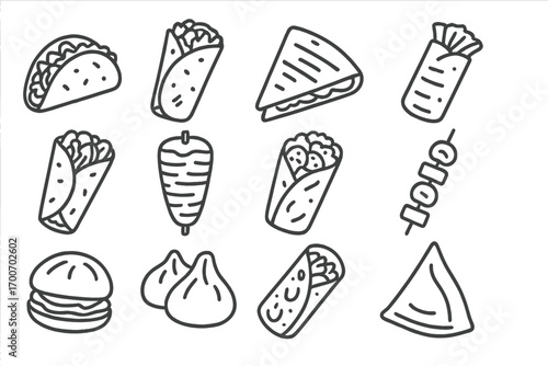Street Food Icons. Line style icons of street food: taco, burrito, quesadilla, tamale; gyro, shawarma, falafel wrap, kebab; bao