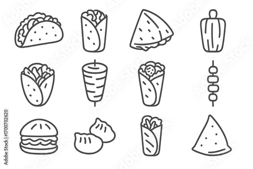 Street Food Icons. Line style icons of street food: taco, burrito, quesadilla, tamale; gyro, shawarma, falafel wrap, kebab; bao