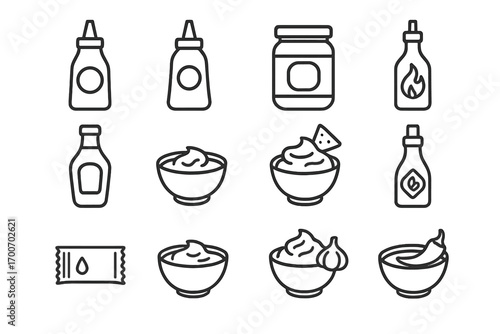 Sauce and Dip Icons. Line style icons of sauces and dips: ketchup bottle, mustard bottle, mayo jar, hot sauce; barbecue sauce,