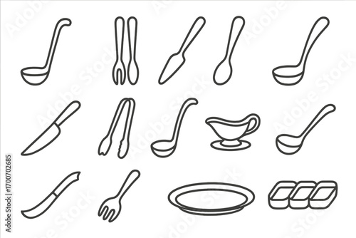 Serving Utensil Icons. Line style icons of serving utensils: soup ladle, salad tongs, cake server, serving spoon; pie knife, ice