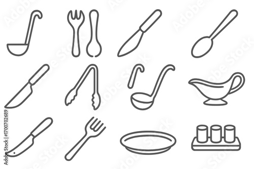 Serving Utensil Icons. Line style icons of serving utensils: soup ladle, salad tongs, cake server, serving spoon; pie knife, ice