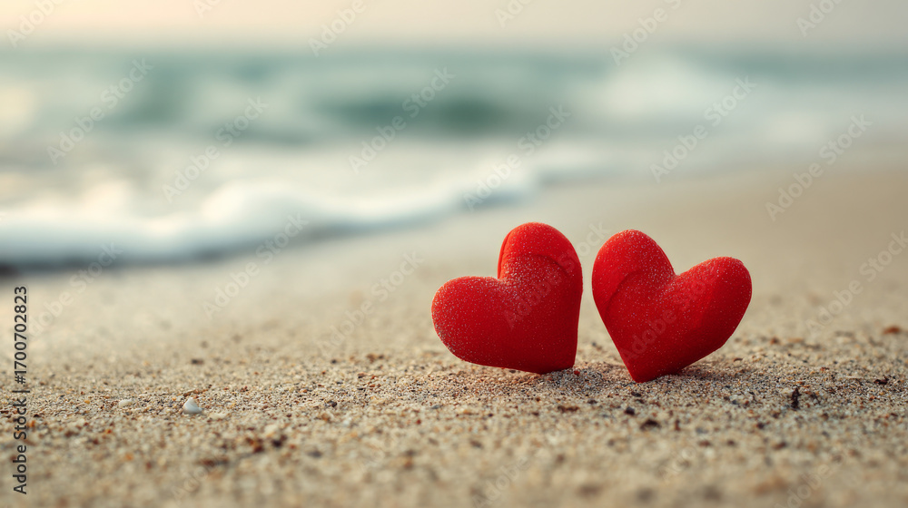 Fototapeta premium Two red hearts on sandy beach with ocean waves in background
