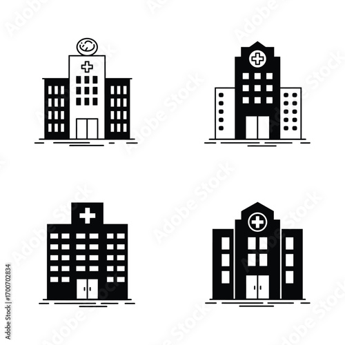 Four distinct black and white hand drawn sketch style illustrations of medical hospital buildings with crosses on top representing healthcare facilities