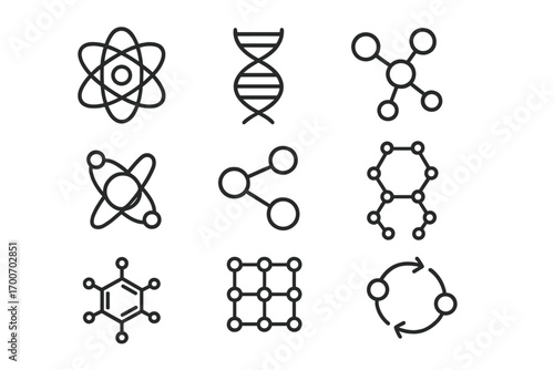 Molecular Science Icons. Line style icons of molecular science: atom, DNA strand, molecule model, double helix; atomic nucleus,
