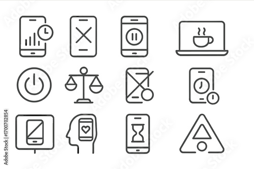 Digital Wellness Icons. Line style icons of digital wellness: screen time tracker, phone off icon, app pause, digital break;