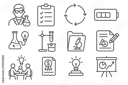 Research and Development Icons. Line style icons of research and development: scientist with flask, clipboard with notes, project