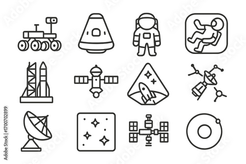 Space Research Icons. Line style icons of space research: Mars rover, space capsule, astronaut, zero gravity test; launchpad,