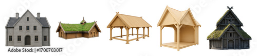 Historical building set including medieval stone house, Nordic timber dwellings, and grass roof structures isolated. Ideal for game assets and visualization.