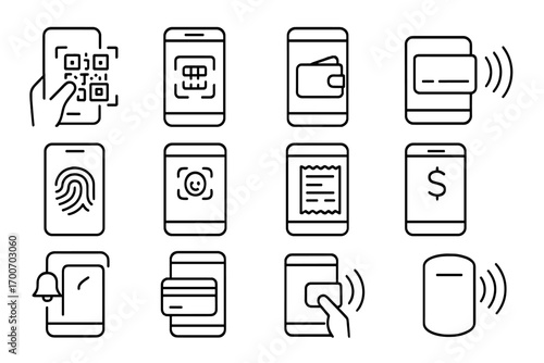 Mobile Payment Icons. Line style icons of mobile payments: scan to pay, phone with QR, mobile wallet app, one-tap payment;