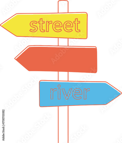 Bright directional signpost pointing towards street and river with an empty option