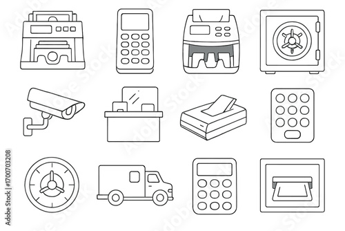 Banking Icons Collection. Line style icons of banking equipment: cash counter, card reader, coin sorter, bank safe; security