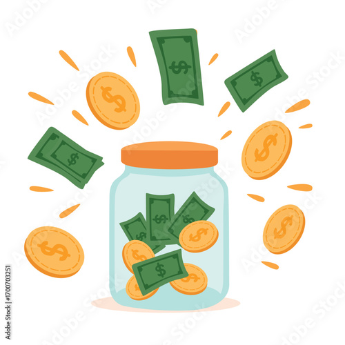 Transparent jar with dollar bills and coins flat illustration isolated on white background