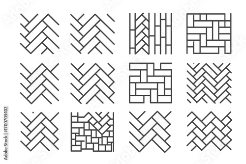 Herringbone Pattern Variations. Line style icons of herringbone variations: classic herringbone, 45-degree layout, vertical