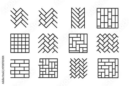 Herringbone Pattern Variations. Line style icons of herringbone variations: classic herringbone, 45-degree layout, vertical