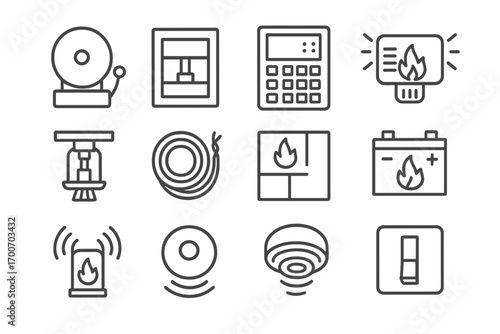 Fire Alarm Icons. Line style icons of fire alarms and systems: wall alarm bell, manual pull station, central alarm panel,
