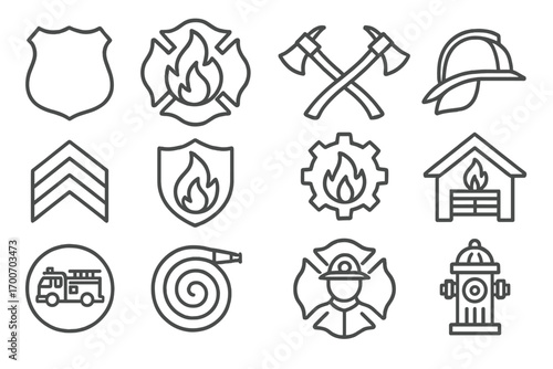 Fire Department Symbols. Line style icons of fire department symbols: fire badge, fire emblem, crossed axes, firefighter helmet;