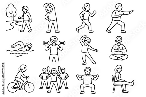 Active Aging Icons. Line style icons of active aging activities: walking in park, stretching arms, light jogging, tai chi movement
