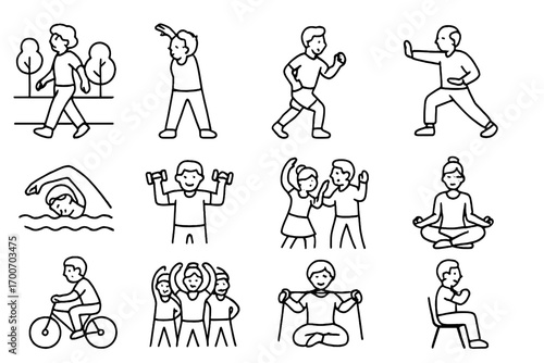 Active Aging Icons. Line style icons of active aging activities: walking in park, stretching arms, light jogging, tai chi movement