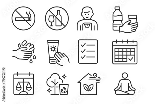 Healthy Habits Icons. Line style icons of healthy habits: no smoking sign, crossed-out alcohol, healthy weight scale, drinking