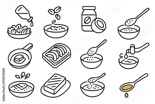 Culinary Icons_ Healthy Fats. Line style icons of culinary use of healthy fats: oil drizzle over salad, nuts sprinkled on dish,