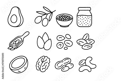 Plant-Based Fat Icons. Line style icons of plant-based fat sources: avocado half, olive branch, flaxseed bowl, chia jar; sunflower