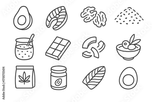 Superfood Line Icons. Line style icons of high-fat superfoods: avocado, salmon, walnuts, flaxseed; chia pudding, dark chocolate,