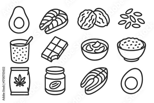 Superfood Line Icons. Line style icons of high-fat superfoods: avocado, salmon, walnuts, flaxseed; chia pudding, dark chocolate,
